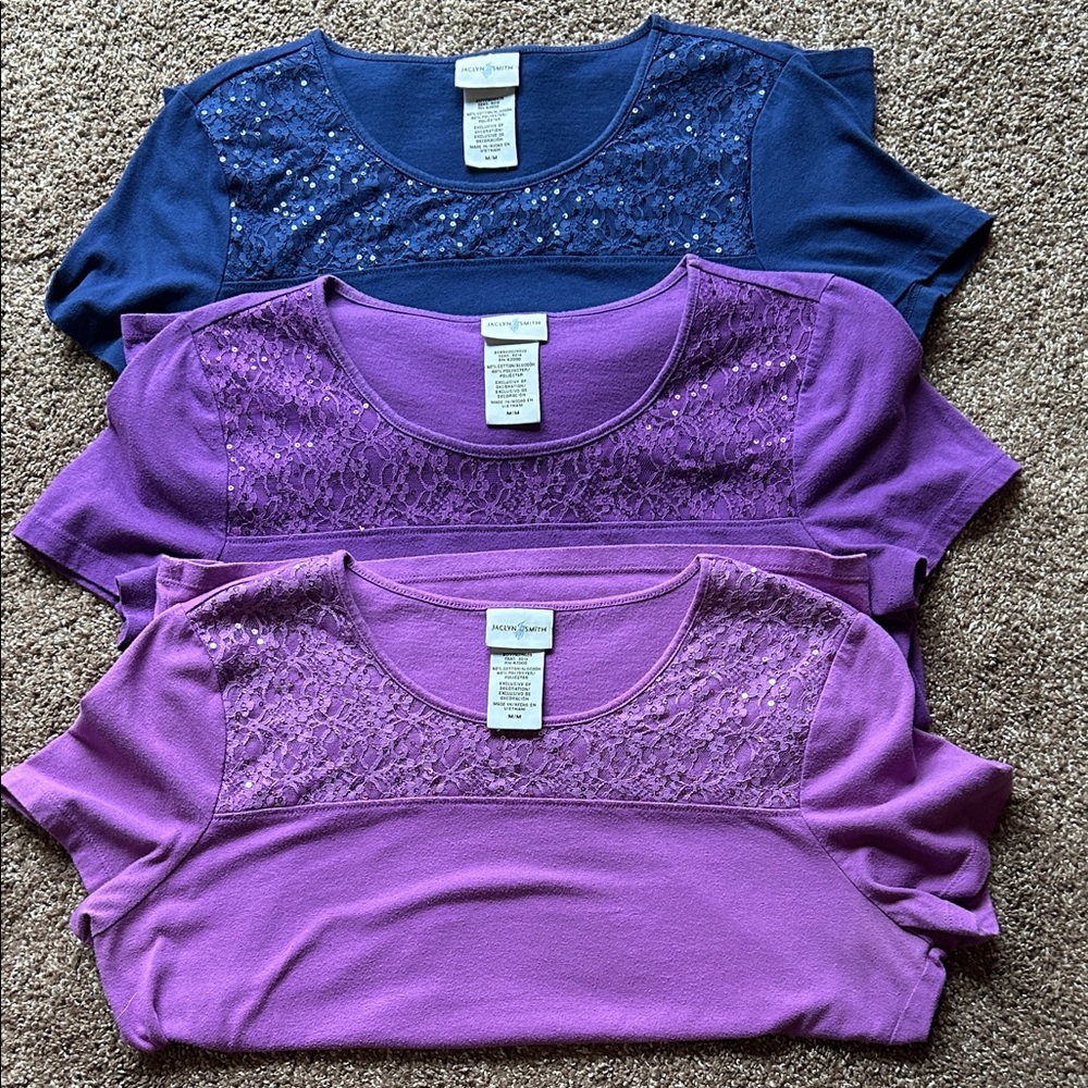 Lot of 3 Jaclyn Smith Short Sleeve Tops w/ lace and sequin accents size Medium
